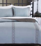 The rich look of Grecian-inspired embroidery lines the Chelsea quilted sham with detailed precision. A coordinating sky blue ground creates a serene effect in sumptuous linear quilting.