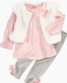 Trendy and hip is this adorable faux fur vest, top, and legging set by First Impressions.