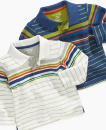 Easy to play in and easy to clean, these polo shirts from First Impressions keep him looking cute.