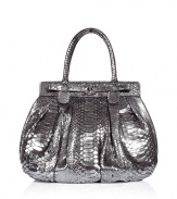 Ultra-luxe handbag in genuine python leather and suede - Elegant, on-trend metallic hue - Spacious shopper style with two handles - Supple material is elegantly gathered - Lined in pink suede, with two small, open pockets and one larger, interior zip pocket - Silver hardware closure - Sculptural and sophisticated, a true standout - Gorgeous shade and clever shape go from day to evening