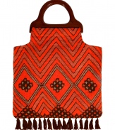 Luxe tote in fine, orange and brown cotton - Densely woven knit and diamond motif lend the bag its craftsy, retro-chic appeal - Wood handles - On-trend, tassel fringe embellishment - Roomy shopper style easily fits all of the essentials - Versatile and cool, adds a touch of boho glamour to jeans, tunic tops and mini dresses