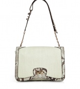 Classic with a twist, this signature Salvatore Ferragamo bag boasts luxe details and an elegant design - Small square shape, raffia with python trim, gold-tone front logo detail, short shoulder strap with python and chain detail - Great for everyday use or for casual cocktails