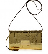 Inject solid gold glamour into your cocktail look with this metallic snake print clutch from Michael Kors - Classic envelope shape, front lock clasp with gold-tone hardware, key charm detail, snake-embossed metallic leather - Style with a figure-hugging cocktail ensemble and statement heels