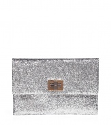 Luxe clutch in fine, pure silver leather and cotton/PVC - A covetable cocktail essential from London It-label Anya Hindmarch - Glam, glitter fabric - Classic envelope shape with 14kt gold-plated turnlock flap closure - One interior open pocket - Suede lining - Height: 6.5 - Length: 9 - Diameter: 0.5 - Elegant and eye-catching, a must for parties and evenings out!