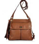 Perfect for an off-duty outing, this luxe shoulder bag brings covet-worthy style to any look - Long shoulder strap, top zip closure, front zip and flap pocket, decorative side buckles, tassel detail, back zip pocket - Perfect for daily use, work, or off-duty cool