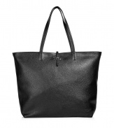 Inimitable Italian craftsmanship meets everyday elegance with Salvatore Ferragamos luxurious Gina tote - Sumptuously supple, gently pebbled black leather with metallic leather lining - Two handles, top zip and silver bit slim strap closure - Smaller interior zip pocket - Ultra-roomy, flat bottom style - Height: 13 - Width: 19 - Depth: 7 - Made in Italy