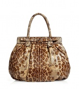 Leopard print goes ultra-luxe with the ultimate statement python bag from Zagliani - Modernized doctor shaped-bag, frame with bow detail, dual carrying handles, large slouchy shape, leopard-printed python, bold red lining - Pair with a slinky cocktail sheath and statement heels