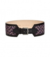 Cinch your look in style with this luxe leather and knit belt from Missoni - Two-tone knit wide waist belt with leather trim and adjustable buckle - Wear with a voluminous tunic top, skinny jeans, and platform pumps