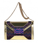 Channel the sophisticated side of the seventies with this zigzag printed statement clutch from Missoni - Classic envelope shape, front flap with decorative snap closure, knit body with metallic leather trim, chain-detailed shoulder strap, small inside zip pocket - Style with a flirty cocktail frock and heels or a boho-inspired mini-dress and booties