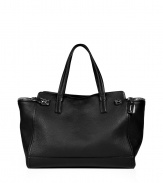 With its pristine textural black leather and cleverly designed locked side pockets, Salvatore Ferragamos oversized tote is an exquisitely chic take on this multi-season style - Double top handles, zippered curved side pockets with hinged logo lock closures, zippered top panel, extra roomy interior, inside zippered back wall pocket, 2 front wall slot pockets, protective feet - Perfect for sleek city getaways or extra busy days at the office