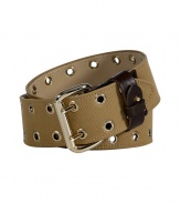 Finish your look in luxe military style with this eyelet-laden canvas belt from McQ Alexander McQueen - Wide olive-khaki cotton canvas belt with light gold-toned hardware, brown leather detailing - Style with a sharply tailored sheath or over an oversized cardigan