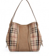 Detailed with tonal suede and leather paneling, Burberry Londons characteristic check shoulder bag is a luxe modern take on the iconic Burberry look - Belted leather double top handles, tonal suede and leather paneling, top cinch strap and magnetic snap, inside zippered back wall slot pocket, front wall slot pockets - Carry as a preppy polish to chic tailored looks