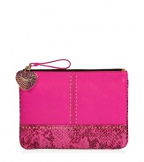 With a fantastic mix of solid and snake embossed leathers, Juicy Coutures versatile zip pouch is glam enough to carry as a mini clutch - Rivet embellishment, signature tonal pave embellished heart charm, top zip with leather pull, striped lining, inside zippered back wall pocket - Stash away in a covetable handbag or carry alone as a clutch