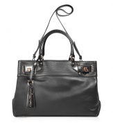 Luxurious bag in elegant black leather - Extremely high quality craftsmanship you can absolutely see - Stylish, roomy satchel (shopper) shape with one short carry handle and a long shoulder strap - Classy, gold-colored turn-key closures - Accent stitching adds a modern cool - A fantastic upgrade for simple  business and daytime looks