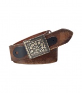 Casual, medium brown leather belt with a used look - The style: Laurens typical cowboy look - With a brass-colored, rectangular belt buckle - Lined with an extra black leather buckle - Otherwise, it impresses us with its calm, simplicity - A belt men can absolutely wear with any pair of jeans