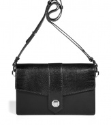 Luxurious black bag with adjustable shoulder strap - This bag is the ultimate in luxury with supple calf leather and lizard accents - Slim and sleek shape with adjustable shoulder straps and a snap lock closure - Pair with a dress and stockings for a chic cocktail look - Add edge with leather leggings, an oversized sweater and a biker jacket