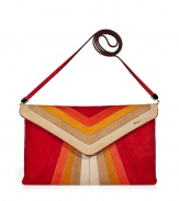 Luxe clutch in supple red and orange suede - Elegant, rectangular clutch style with envelope flap - Fashionable multicolor stripe motif - Slim, detachable shoulder strap takes the bag from day to evening - Interior zip pocket and magnetic closure - Sophisticated, sexy and on-trend - Pair with a cocktail dress or tuxedo suit