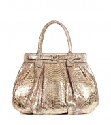 Ultra-luxe handbag in genuine python leather and suede - Elegant, on-trend metallic hue - Spacious shopper style with two handles - Supple material is elegantly gathered - Lined in pink suede, with two small, open pockets and one larger, interior zip pocket - Gold hardware closure - Sculptural and sophisticated, a true standout - Gorgeous shade and clever shape go from day to evening