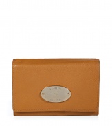 Stylish wallet in supple, caramel brown leather - Practical and polished compact rectangular style - Buffalo leather has a slight sheen - Pale gold, oval Mulberry plaque - Popper closure - Eight credit or business card slots - Expandable pocket for bills - Two slip pockets - Zip coin compartment - Understated yet undeniably chic, also makes a superb gift