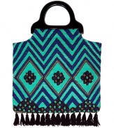 Luxe tote in fine, turquoise and electric blue cotton - Densely woven knit and diamond motif lend the bag its craftsy, retro-chic appeal - Wood handles - On-trend, tassel fringe embellishment - Roomy shopper style easily fits all of the essentials - Versatile and cool, adds a touch of boho glamour to jeans, tunic tops and mini dresses