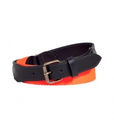 Leather and cotton belt - Unique piece with combination of leather navy leather and bright orange woven cotton - Narrow design with simple classic buckle - Easy update for simple basics - Try with jeans or chinos