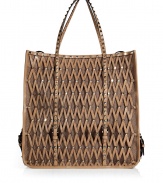 Elegant and artistic lined mesh leather shopper bag - Made of tan, studded leather in cross-hatch pattern - Decorative buckles - Long, thin shoulder straps for easy carrying and access to spacious interior with pockets - Ideal for weekends, errands