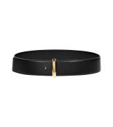 Cinch your look in luxe style with this lovely leather belt from Salvatore Ferragamo - Smooth leather with gold-tone buckle - Wear with a tie-neck blouse, a pencil skirt, and a long cardigan