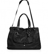 Contemporary daytime looks get a kick of downtown-cool with Vanessa Brunos super soft black leather convertible tote - Magnetic top snap, zippered front pocket, luggage tag and key ring, belted top, removable buckled shoulder strap, two internal sections, zippered middle pocket, inside zippered back wall pocket, two front wall slot pockets - Perfect for work or city excursions