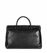 Sleek and sophisticated, Jil Sanders black calfskin tote is an exquisitely chic choice perfect for streamlining modern-minimalist looks - Pale peach detailed double top handles, flat spring-hinged top opening, silver-toned hardware, leather interior, inside zippered back wall pocket - The perfect size for work or city shopping trips