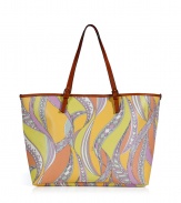 Stash away your warm weather essentials in Emilio Puccis characteristic printed PVC tote, detailed with smooth leather handles for a polished look - Belted leather double top handles, bright pink interior - Wear with a sundress and sandals in the city, or carry to the beach with a bright string bikini