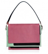 Detailed in a contemporary mix of smooth and textural contrast-hued leathers, Jil Sanders colorblocked clutch is a cool choice perfect for adding a punch of color to your outfit - Two sectional flap pockets, outside flap with embossed logo and hidden magnetic snap, removable handle in tonal metallic mint leather, stitched back slot pocket - Wear with monochrome separates and streamlined nude accessories