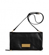 Sleek and sophisticated with its embossed leather and practical pockets, Marc by Marc Jacobs convertible clutch lends a chic polish to day and evening looks alike - Embossed leather flap with zip pocket, snap closure underneath, tonal leather zippered pocket and snapped patch pocket under flap, removable buckled shoulder strap, gold-toned hardware and front logo plaque - Wear as a clutch to cocktails, or slung across as a crossbody bag for day