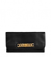 With a hint of ladylike sophistication, this day-to-night clutch from Marc by Marc Jacobs will give your look an instant upgrade - Front flap with gold-toned logo bracelet chain detail, hidden magnetic snaps under flap, inside zippered back wall pocket - Wear with an elevated jeans-and-tee ensemble or with a casual cocktail look