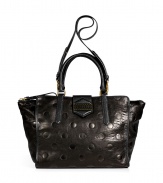 A darling addition to your Downtown look, Marc by Marc Jacobs dot embossed tote is perfect for carrying around your everyday essentials - Textural leather tab with black and gold-toned dotted logo plaque, magnetic snap closure underneath, removable buckled shoulder strap, top zip closure, inside zippered back wall pocket, 2 front wall slot pockets - Wear with a leather jacket, skinnies and ankle boots