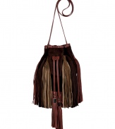 Set your style points soaring this season with Sara Battaglias statement drawstring shoulder bag, detailed in a medley of mixed neutral hues guaranteed to make an ultra chic impact - Chocolate suede with rust leather and nougat suede detailing, rust leather trim and removable shoulder strap, oversized tassels around drawstring, silver-toned hardware and chainlink handles, studded trim around the top, green satin lining - Carry with edgy separates or as a sartorial finish to cocktail dresses