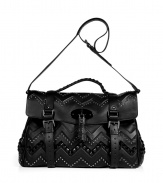 Ladylike looks get a striking twist with Mulberrys Aztec-inspired zigzag studded oversized Alexa satchel - Flap with black metal iconic Postmans Lock closure and studded tassel, braided satchel handle, removable belted shoulder strap, buckled tabs with magnetic snap closures, adjustable sides with push-stud closures, inside zippered back wall pocket, front wall slot pocket - Pair with an elevated jeans-and-tee ensemble or leather leggings and an oversized pullover