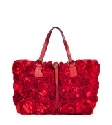 Exquisitely crafted with allover satin textural roses, Valentinos radiant red tote guarantees a romantic and covetable edge to every outfit - Tonal leather trim, embossed logo plaque, flat leather double top handles, leather top strap with double ring hardware, inside zippered back wall pocket, two front wall slot pockets, platinum-toned hardware, protective feet - Carry as a pretty polish to your most festive event