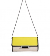 With a cool colorblock and modern black trim, Diane von Furstenbergs tri-tone leather clutch lends a contemporary edge to day and evening looks alike - Flap with push-lock bar closure, back slot pocket, removable snake-chain shoulder strap, inside zippered back wall pocket and card slot, silver-toned hardware - Wear during the day with edgy separates, or carry as a clutch at night with sleek cocktail frocks