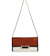 With a cool colorblock and modern black trim, Diane von Furstenbergs tri-tone leather clutch lends a contemporary edge to day and evening looks alike - Flap with matte push-lock bar closure, back slot pocket, removable snake-chain shoulder strap, inside zippered back wall pocket and card slot, gold-toned hardware - Wear during the day with edgy separates, or carry as a clutch at night with sleek cocktail frocks