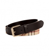 Pull together casual and tailored looks alike with Burberry Londons Haymarket check belt - Haymarket check coated canvas, chocolate leather trim, polished metal roller buckle with engraved logo - Team with cashmere pullovers and your favorite pair of jeans