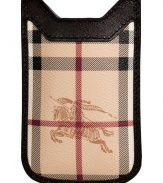 An iconic way to stash away your favorite accessory: Burberry Londons characteristic check phone case - Haymarket check coated canvas, chocolate leather trim, open top - Slip into your back pocket, or stash away in a sophisticated leather handbag