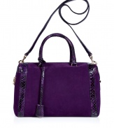 Finish you daytime look on an exquisitely luxe note with Salvatore Ferragamos radiant purple python trimmed Marilyn bag - Top zip with side logo lock, removable shoulder strap, key attached to handle, chocolate leather lining, inside zippered back wall pocket, two front wall slot pockets - Team with ladylike looks for work, or carry to cocktails with dressy tailored sheaths