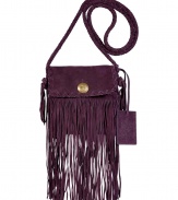 Work a note of retro-chic into your casual daytime look with Ralph Lauren Collections suede fringed crossbody bag - Flap-over with engraved flower closure, laced trim, knotted sides, luggage tag, inside back wall pocket - Wear with casual looks for running errands, or dress up for cocktails with sheaths and ankle boots