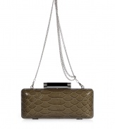 Hard-edge elegance gets an impossibly luxe twist in Diane von Furstenbergs python embossed leather clutch, finished to perfection with a flawless patent leather back - Metal frame, hinged top closure, removable chain-link shoulder-strap, inside back wall slot pocket - Pair with cocktail dresses and statement pumps