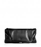 The ultimate statement of understated sophistication, Maison Martin Margielas flawless black leather fold-over clutch is an exquisitely chic choice for giving your outfit a sleek, streamlined finish - Fold-over with hidden snap, covered leather frame with metal clasp, large sectional pocket with metallic bordeaux leather lining and 3 back wall credit card slots, 2 front zippered pockets, silver-toned metal hardware, removable thin shoulder strap - Carry as a shoulder bag with modern-minimalist separates, or to cocktail hour as a clutch with edgy party dresses