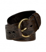 Cinch your look in style with this seventies-inspired tooled leather belt from Ralph Lauren - Supple leather strap with floral tooled pattern, gold-tone buckle - Style with distressed denim, a plaid button down, and motorcycle boots