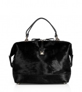 Ultra luxurious with its silky black haircalf, Valentinos rockstud accented tote guarantees a covetable lady-chic edge to your look - Double top handles, two-way top zip, snapped side tabs, inside zippered back wall pocket, 2 front wall slot pockets, tonal leather trim throughout, protective feet - Carry as an elegant finish to sharply tailored looks