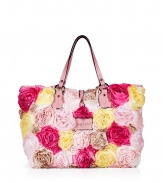 Exquisitely crafted with allover satin textural roses, Valentinos pastel tote guarantees a romantic and covetable edge to every outfit - Tonal leather trim, embossed logo plaque, flat leather double top handles, leather top strap with double ring hardware, inside zippered back wall pocket, two front wall slot pockets, platinum-toned hardware, protective feet - Carry as a pretty polish to your most festive event