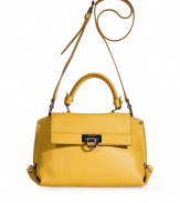 A sunshiny hue brings bold style to this elegant leather bag from Ferragamo - Front flat with logo closure, small carrying handle, convertible shoulder strap, folded side detail with logo hardware, back zip pocket, internal zip pocket, decorative lining - Perfect for daily use or off-duty chic