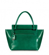 With a regal shade of emerald green and clever handle slot, Jil Sanders smooth leather tote is an exquisitely chic choice - Double top handles with engraved logo luggage tag attached, zippered front slit pocket, inside cinch strap, black leather interior, zippered back wall slit pocket, front wall slit pocket and card slots - An immaculate way to add color into your outfit